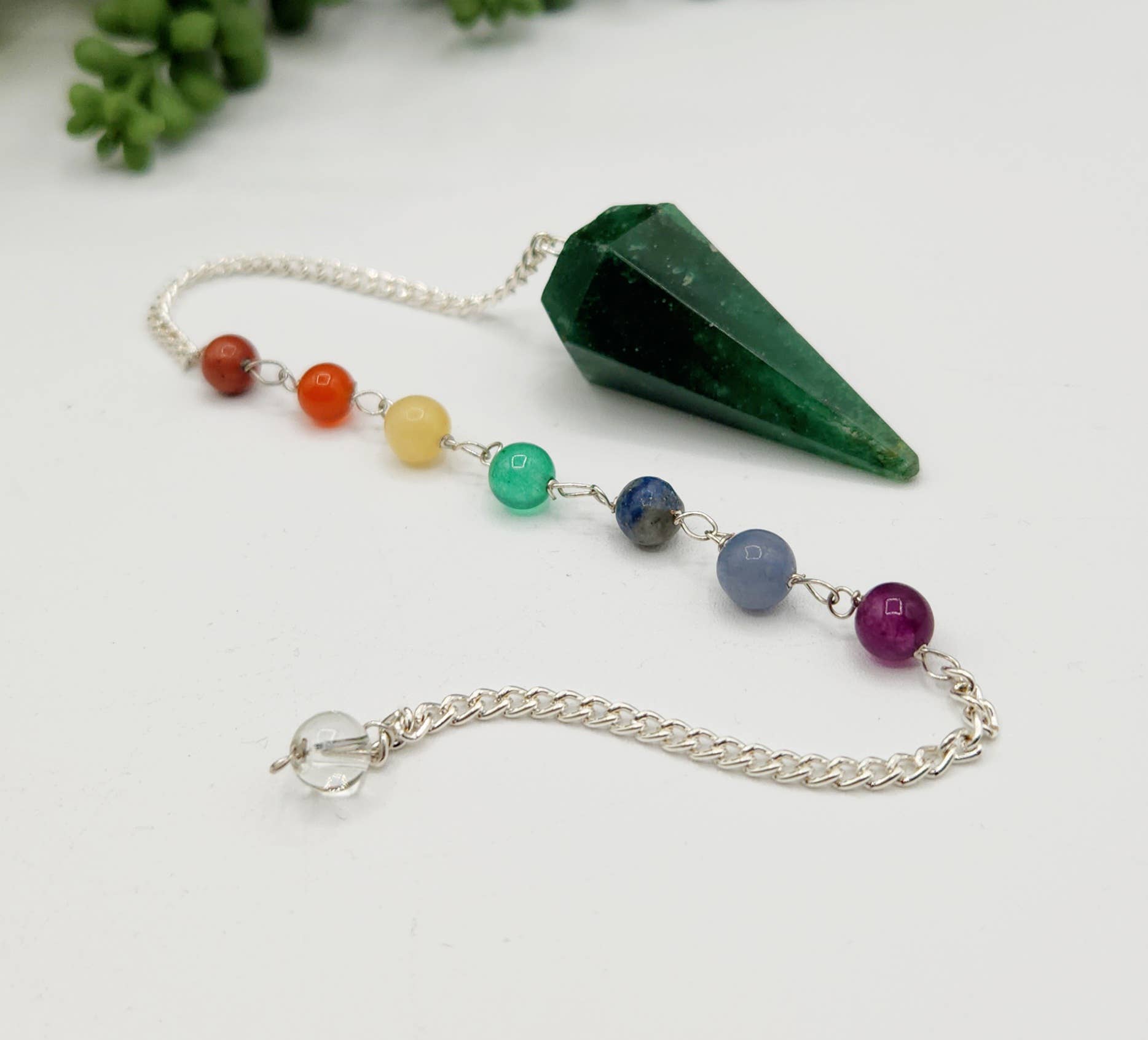 Meraki Gemstones - Wholesale Meditation Supplies - Jade Pendulum w/Chakra Beads-Silver Plate Chain1