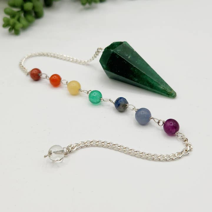 Meraki Gemstones - Wholesale Meditation Supplies - Jade Pendulum w/Chakra Beads-Silver Plate Chain1