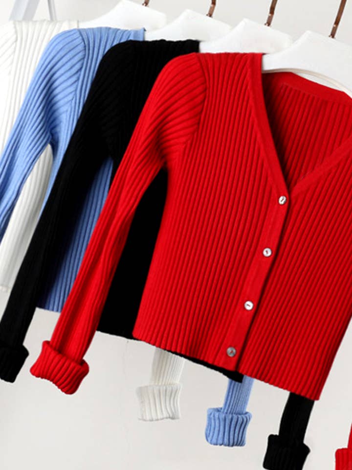NINEXIS - Wholesale Knit Sweater - Women's - CWOCAL0331 Button Down Sleeve V-Neck Crop Cardigan Sweater