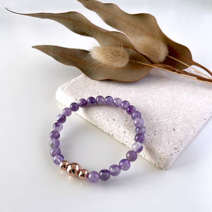 Trinity Bracelet with Chevron Amethyst & 14k Rose Gold for wholesale by Ann Saint James