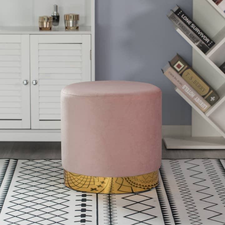 Quickway Imports - Wholesale Ottoman - Modern Round Velvet Fabric Standard Ottoman Stool, Gold base