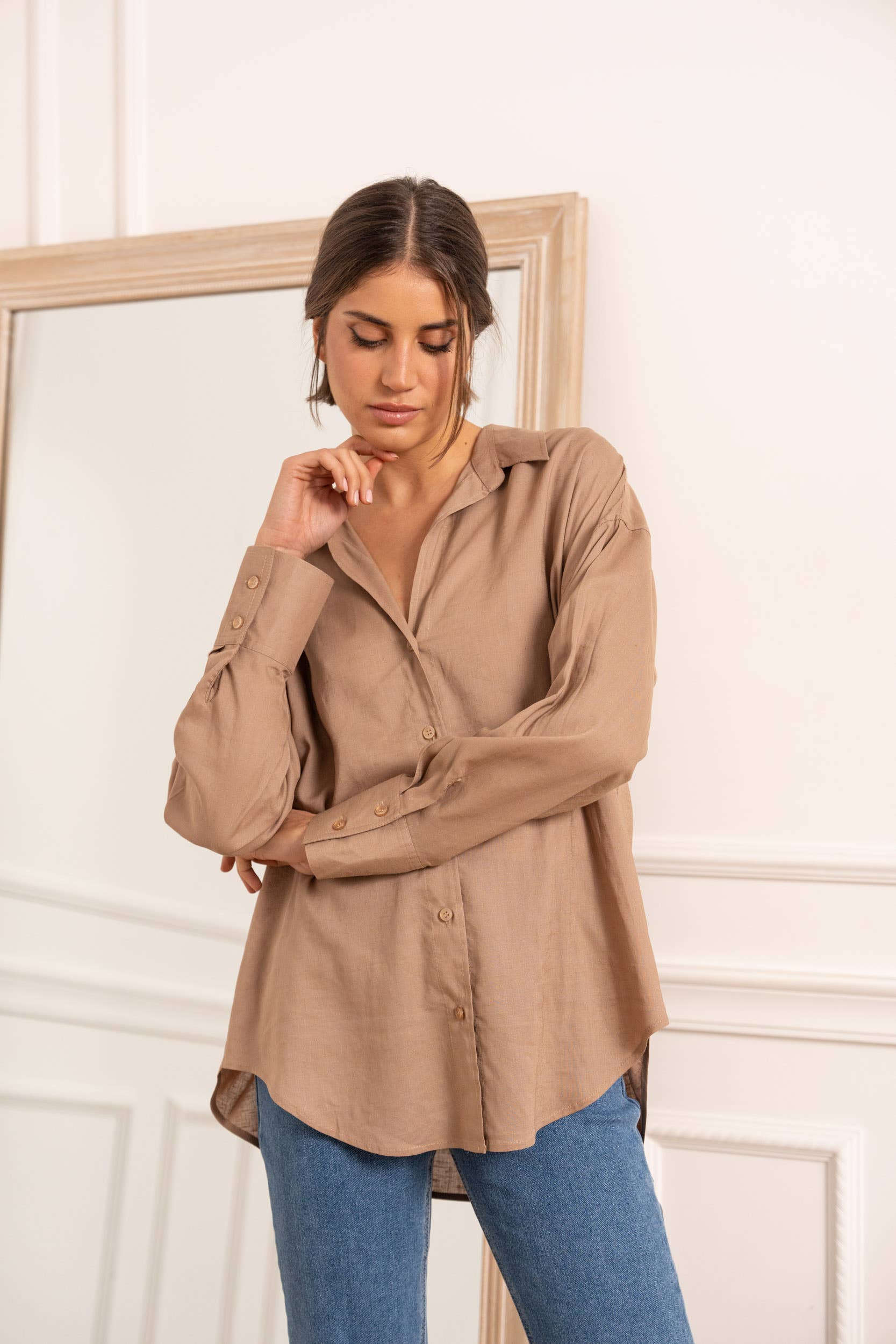 Attentif Paris - Vente Chemise à col boutonné – femme - Chemise unie avec col à revers avec du lin9