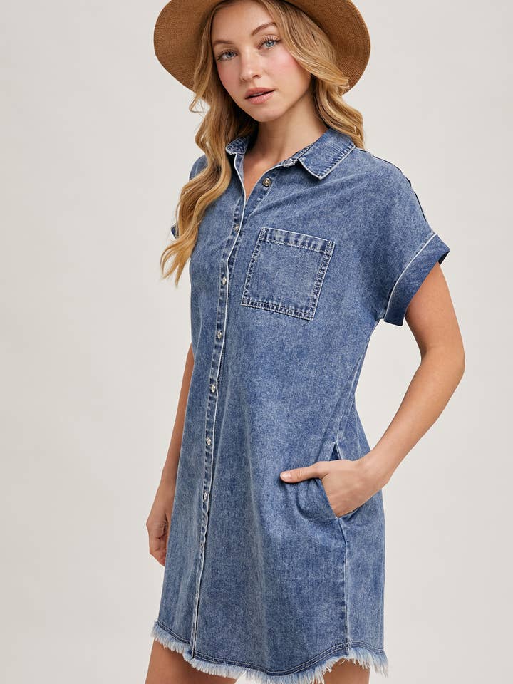Bluivy - Wholesale Dress - Women's - FRAYED HEM DENIM SHIRT DRESS