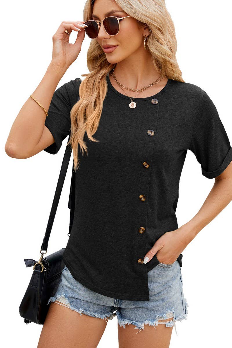 Lily Clothing - Wholesale T-Shirt - Women's - ROUND COLLAR BUTTON IRREGULAR HEM T SHIRT_CWTSTS01476