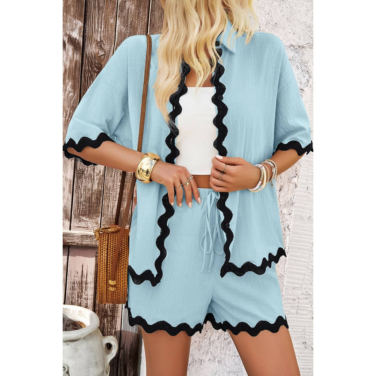 FUCHSIA Bølge Interlaced Linned Løs Pasform Shorts Sæt for engroshandel på Faire4