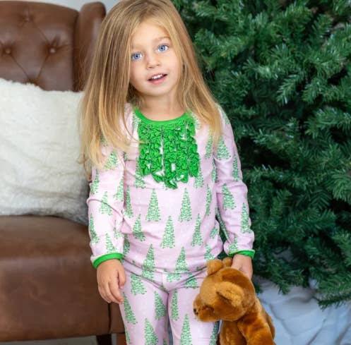 Sugar Bee Clothing – wholesale Sleepwear set – Kids – Christmas 2025 Pajamas - Ruffle Buttflap - Pink Trees