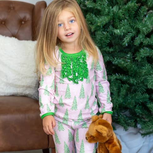 Sugar Bee Clothing – wholesale Sleepwear set – Kids – Christmas 2025 Pajamas - Ruffle Buttflap - Pink Trees 0