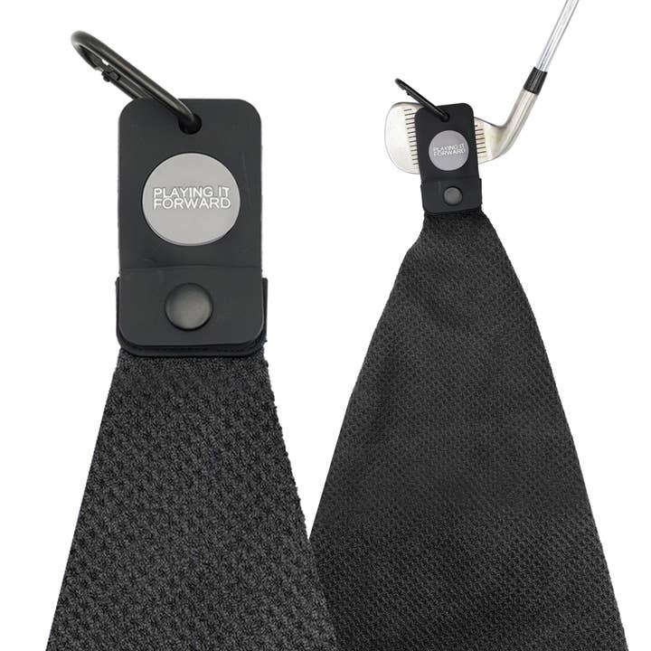Playing It Forward - Wholesale Sports Towel - Magnetic Waffle Weave Microfiber Golf Towel with Clip Black