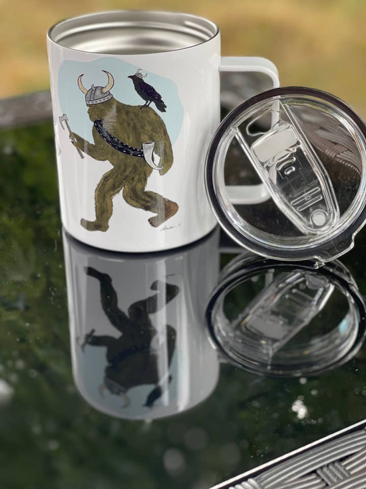 Viking Bigfoot Camp Mug – 12oz Aluminum Mug with Crow & Axe for wholesale by Color Crumbs Club
