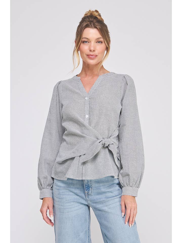 Allie Rose – wholesale Blouse – Women’s – Striped cotton blend side wrap-tie button up blouse