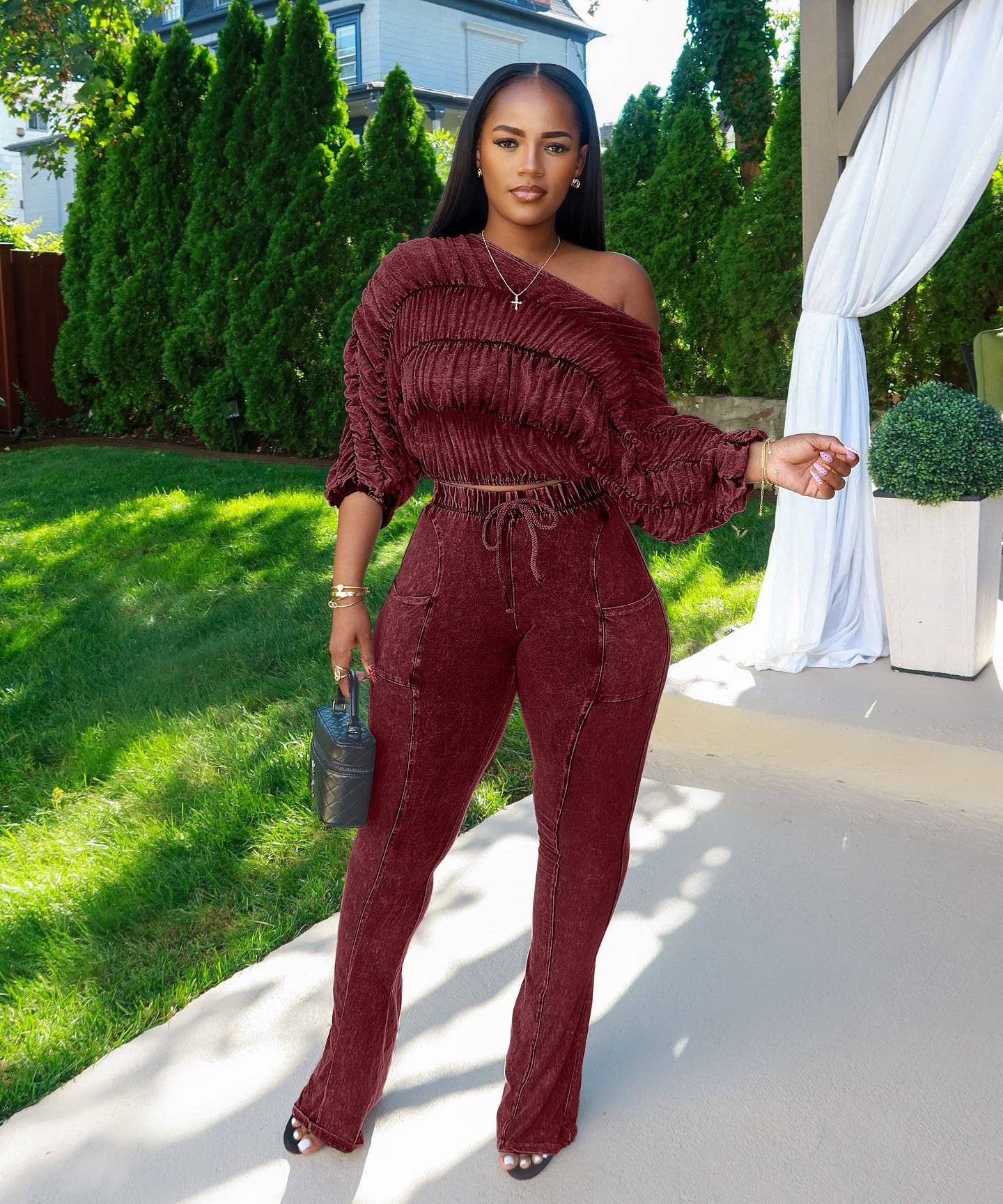 MB Fashion Wholesale - Wholesale Top & Pant Set (NOT Loungewear) - Women's - MB FASHION Ruched Off-Shoulder Top & High-Waist Flared Pants Set 95323