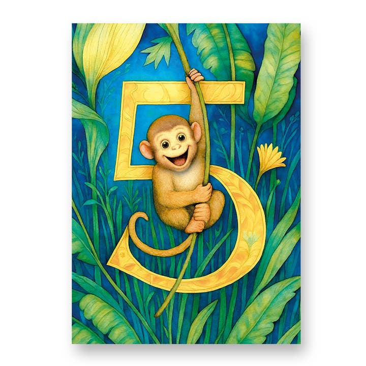 Carte de vœux "Petit Singe Malicieux" pour le 5ème anniversaire avec enveloppe pour la vente par Creative Carousel Publishing
