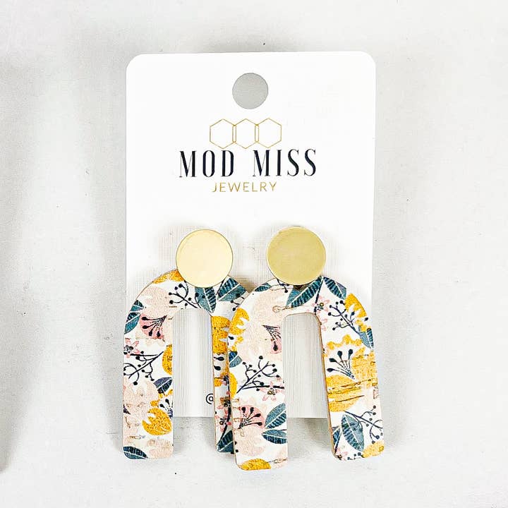The Mod Miss - Wholesale Dangle Earrings - Cork+Leather Arch Earring "Yellow Fantasy"