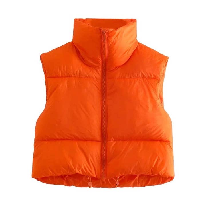 Solid Color Stand Collar Sleeveless Zipper Cotton Padded Warm Vest for wholesale by Sheer Trend