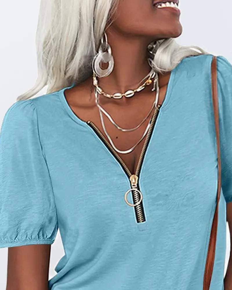 Flarix – Engroshandel Bluse - Dame – lynlås foran puff ærme afslappet t shirt1