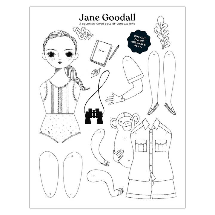 JANE GOODALL PAPER DOLL COLORING SHEET for wholesale by Of Unusual Kind