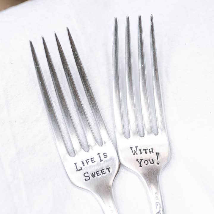 Life is Sweet With You Silver Plate Fork Set Wedding Anniv. for wholesale by Junk Girls