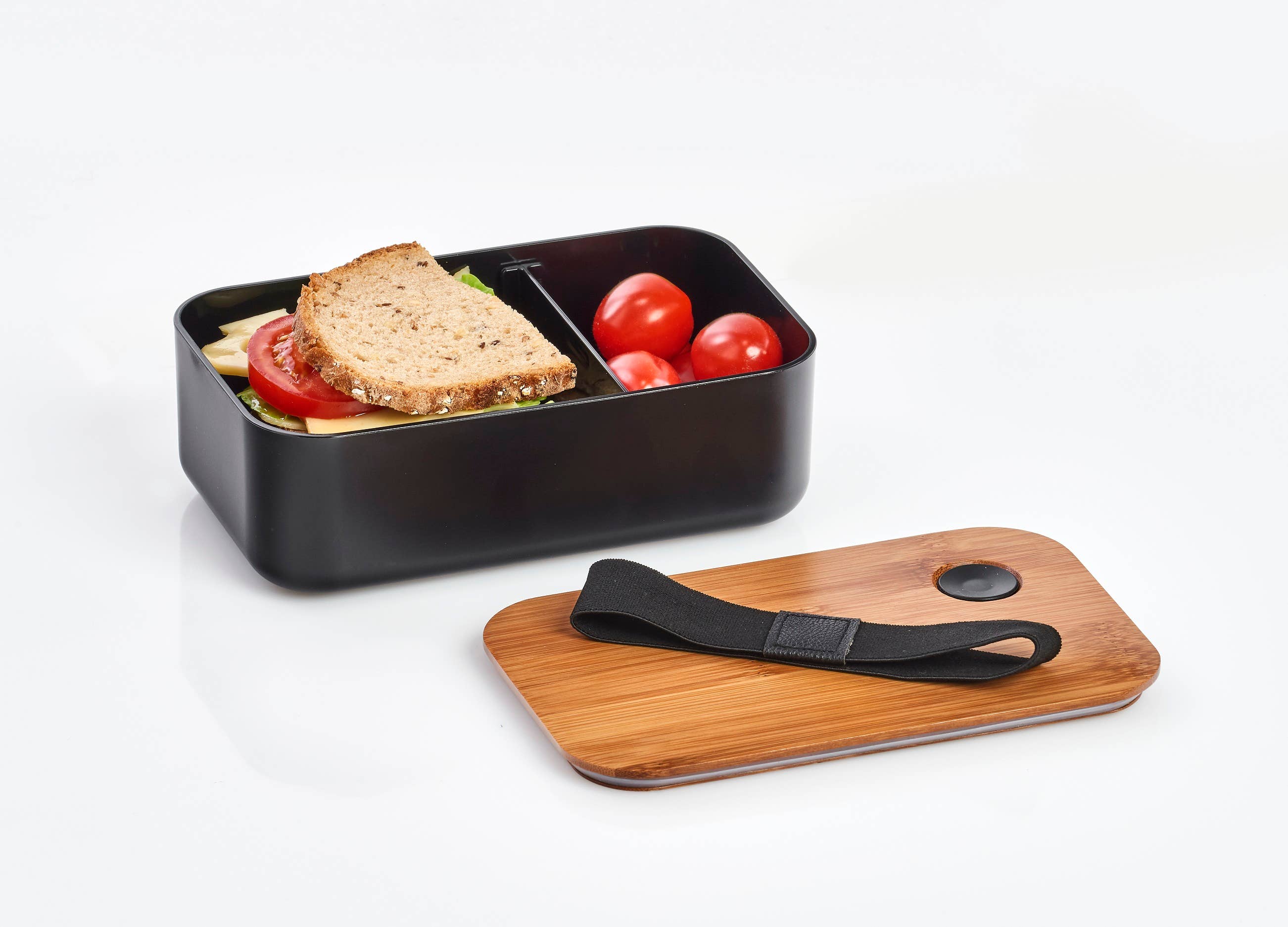 Lunch box, plastic/bamboo, black for wholesale on Faire1