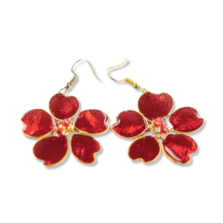 Red Metallic Textile Fish Hook Earrings for wholesale by Perennial Peaces