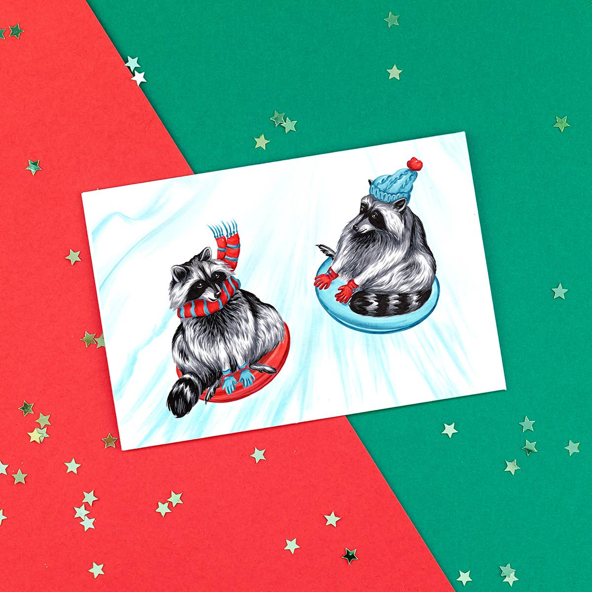 Sardines Studio - Wholesale Christmas Card - Raccoons sliding Greeting Card2