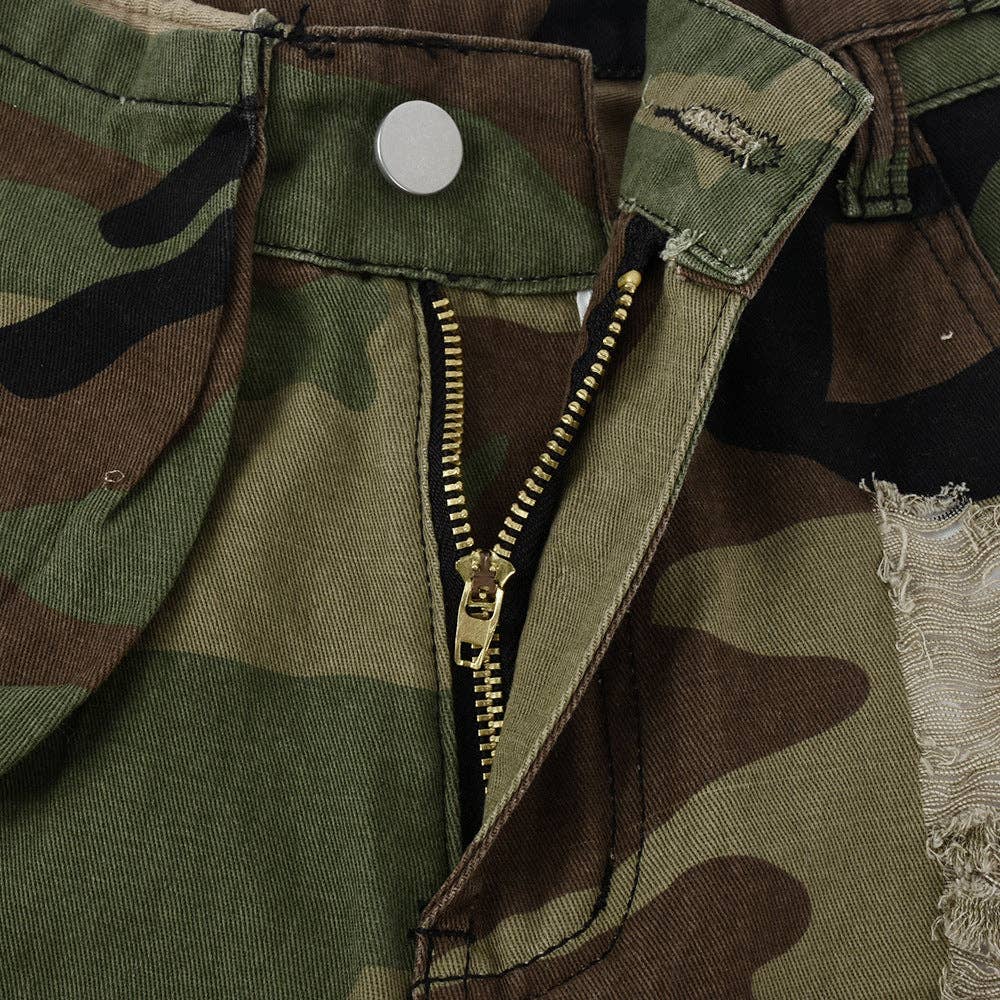 CAMOUFLAGE MB FASHION Camo Distressed Shorts with Frayed Hem 6603LY for wholesale on Faire14