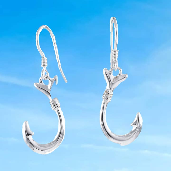 Hawaiian Large 3D Fish Hook Earrings, Sterling Silver Fish Hook Dangle Earrings, W4140 Mother Birthday Anniversary Gift for wholesale by Paradise Treasures Jewelry