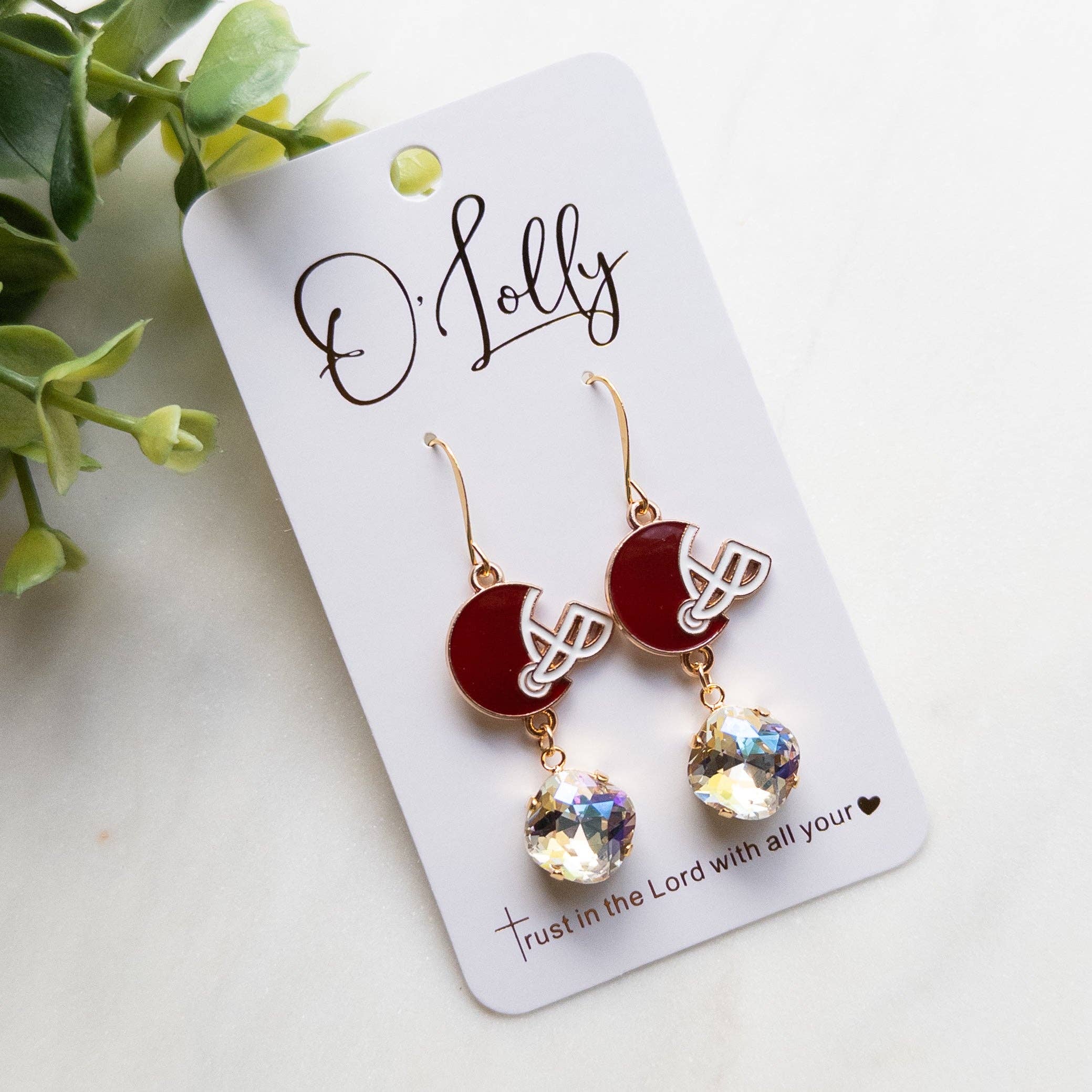 O’Lolly Jewelry - Wholesale Dangle Earrings - Maroon Helmet w/Stone Dangle Earrings (SALE)0