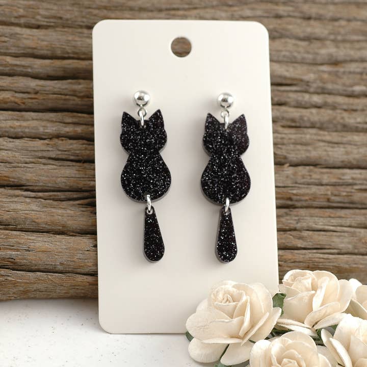 Black Cat Earrings - Dangle Tail Kitty - Halloween - Acrylic for wholesale by Rocky Mountain Shops