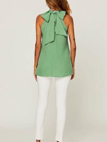 White Polka Dot Print Halter Neck Tie Back Top In Green for wholesale on Faire2