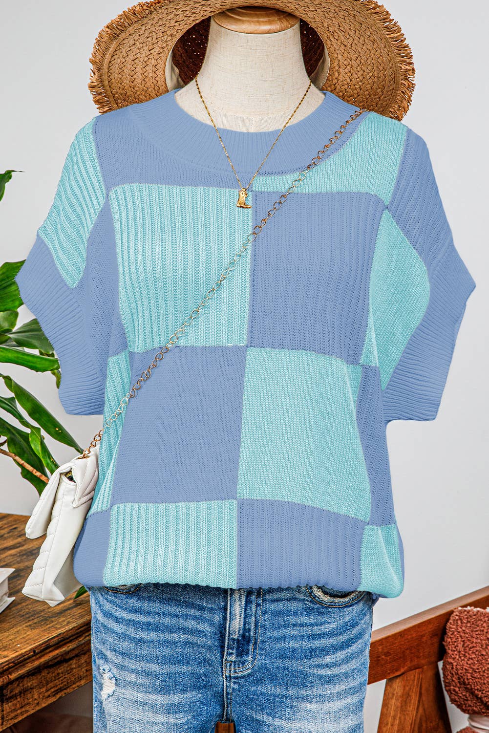 fashionworks - Wholesale Knit Sweater - Women's - Fashion-W Checkered Colorblock Short Sleeve Sweater2