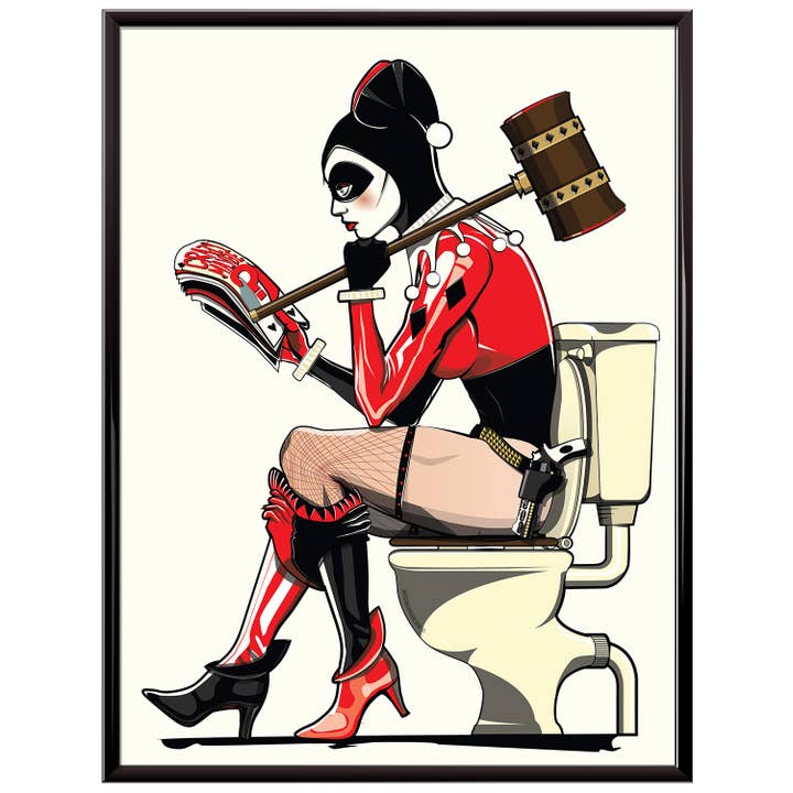 Stampa di Harley Quinn sulla toilette, poster da bagno. per la vendita all'ingrosso da parte di In The Washroom
