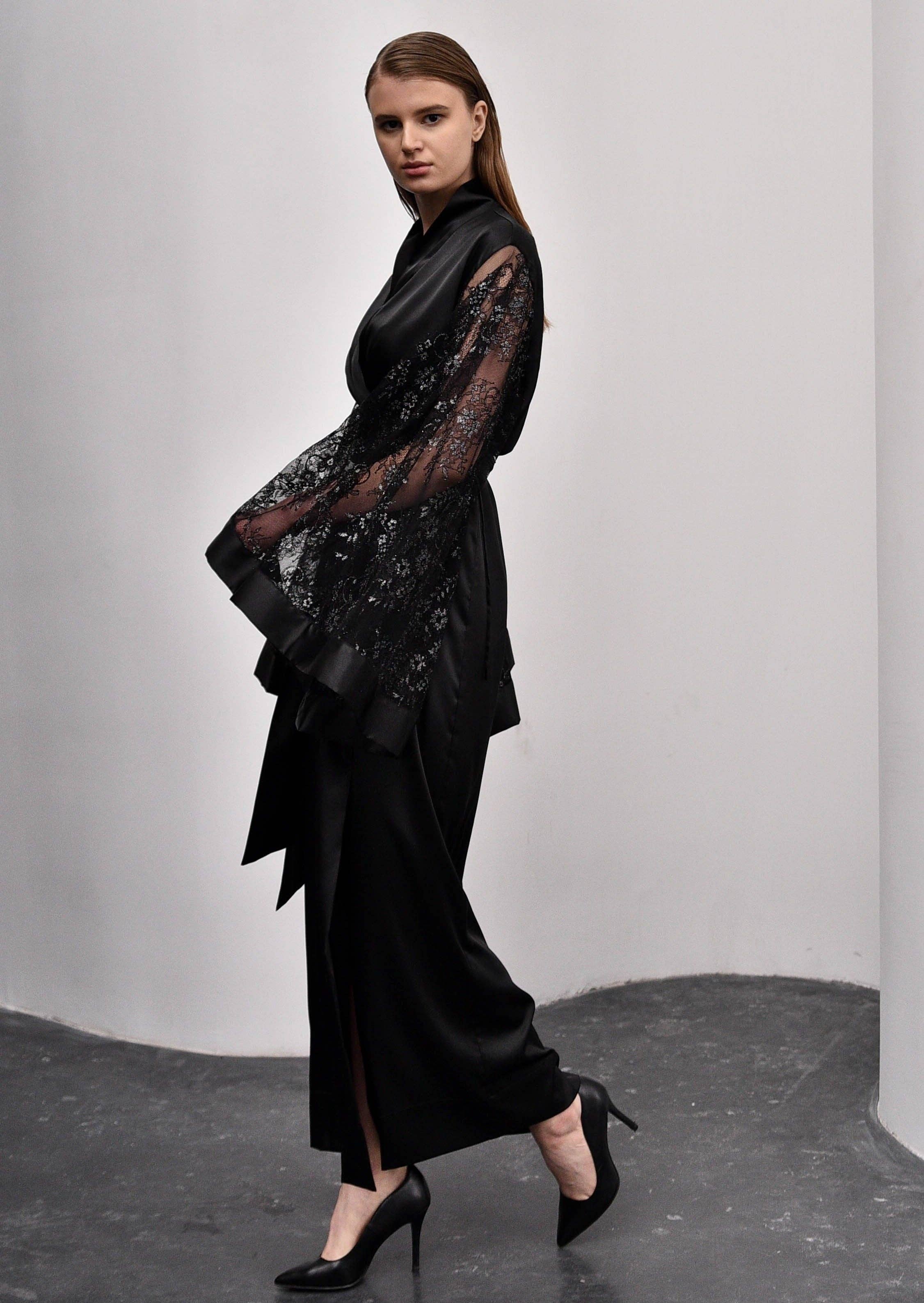 Seduced Black Silky Lace Kimono Robe for wholesale on Faire4