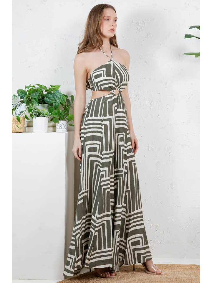 Miss Avenue - Wholesale Jumpsuit - Dames - DM4099 GEDRUKTE HALTERNEK MET OPEN RUG UITGESNEDEN JUMPSUIT