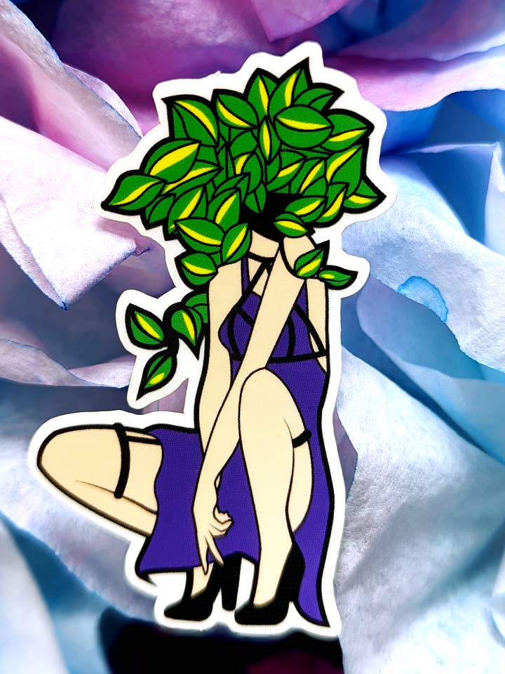 Autocollant en vinyle Pothos | Pot Head pour la vente par Desiree Amber Moore