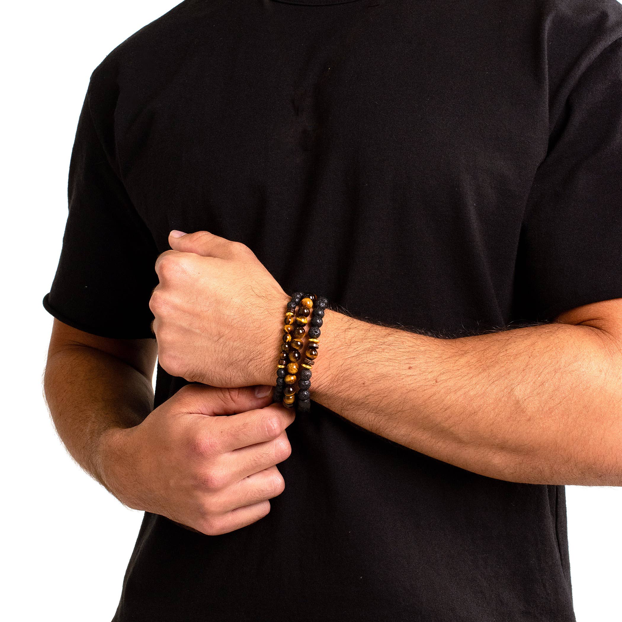 West Coast Jewelry - Vendita all'ingrosso Parure di gioielli - Set di 3 braccialetti in pietra naturale con ematite e perle laviche2