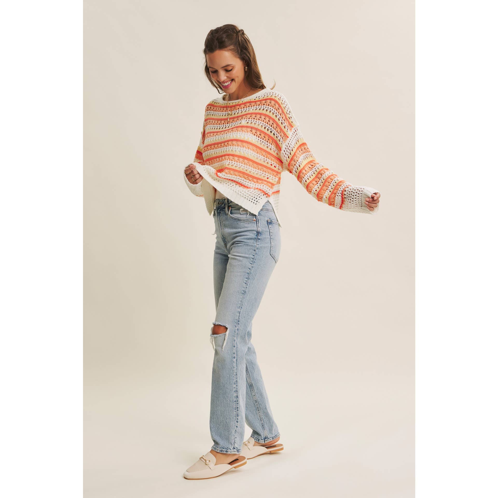 in february - Wholesale Knit Sweater - Women's - BRIGHT VIBRANT MULTI STRIPE LOOSE FIT CROCHET SWEATER TOP9