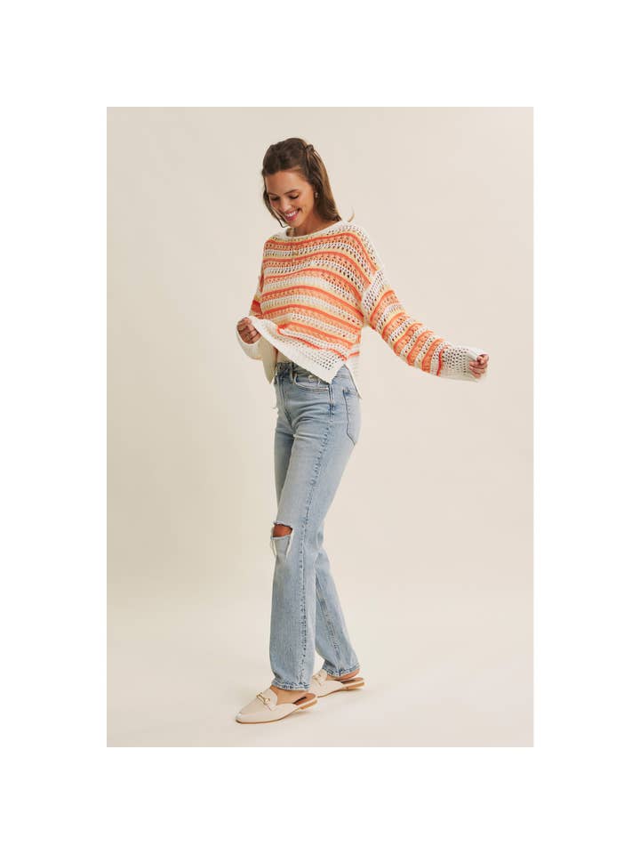 in february - Wholesale Knit Sweater - Women's - BRIGHT VIBRANT MULTI STRIPE LOOSE FIT CROCHET SWEATER TOP9