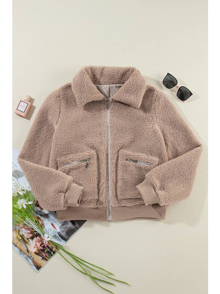 Light French Beige Solid Zip-Up Pocketed Fuzzy Jacket for wholesale on Faire4
