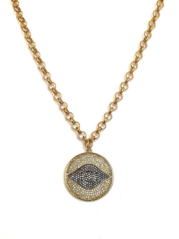 Collana Medaglione Occhio Malvagio Pavé Bicolore per la vendita all'ingrosso da parte di Jennifer Tuton Jewelry