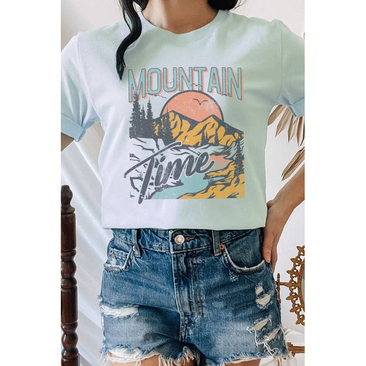 Mountain Time River Sunrise Summer Graphic Tee for wholesale by Kissed Apparel