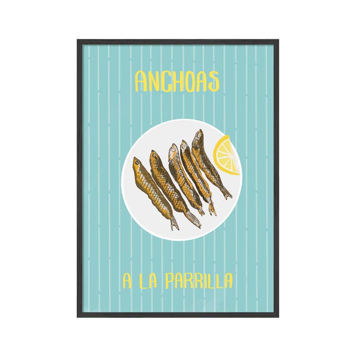 Grilled Anchovies Seafood Illustration | Anchoas Wall Art for wholesale by Places & Spaces Art Co. Travel Prints
