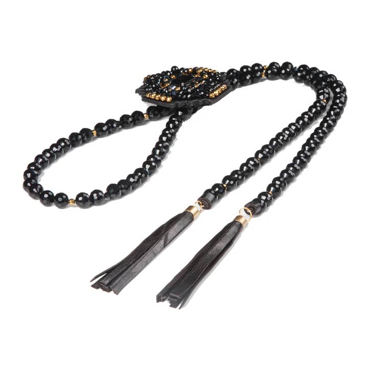 Black Onyx Beaded Necklace with Dual Leather Tassels & Gold for wholesale by The Dark