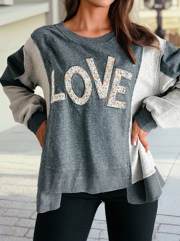 Love Exposed Seam Patchwork Uneven Hem Chic Sweatshirt for wholesale by 1 the Woman