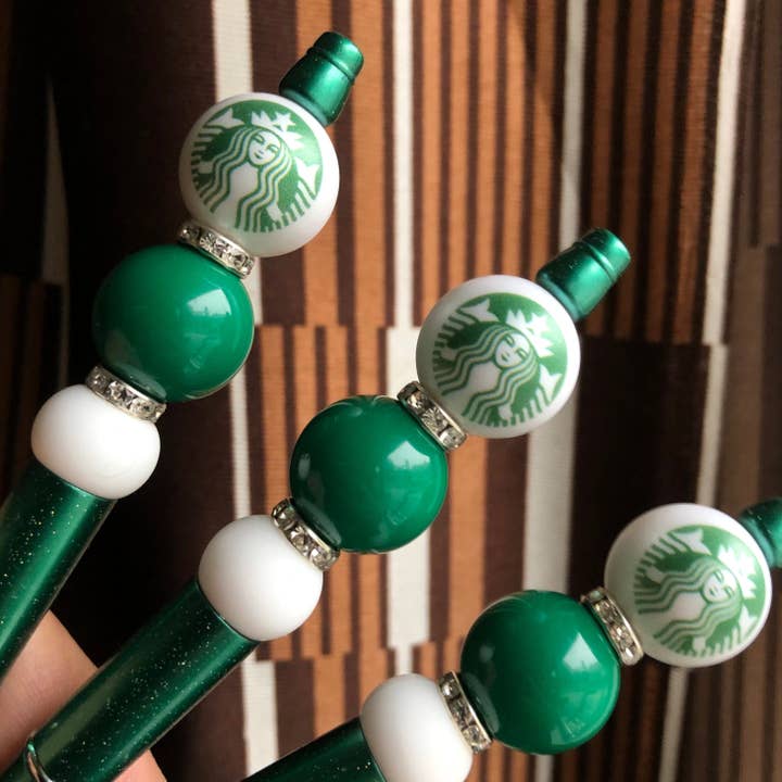 Amy Designs - Wholesale Pen - "Starbies" White and Green Starbucks Beaded Pen