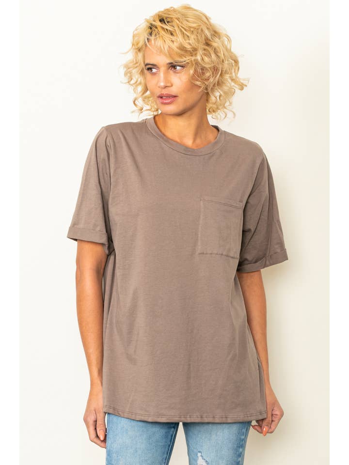 Elloh Collection – wholesale T-shirt – women's – Round Neck Boyfriend Fit Cotton T-Shirt with Front Pocket5