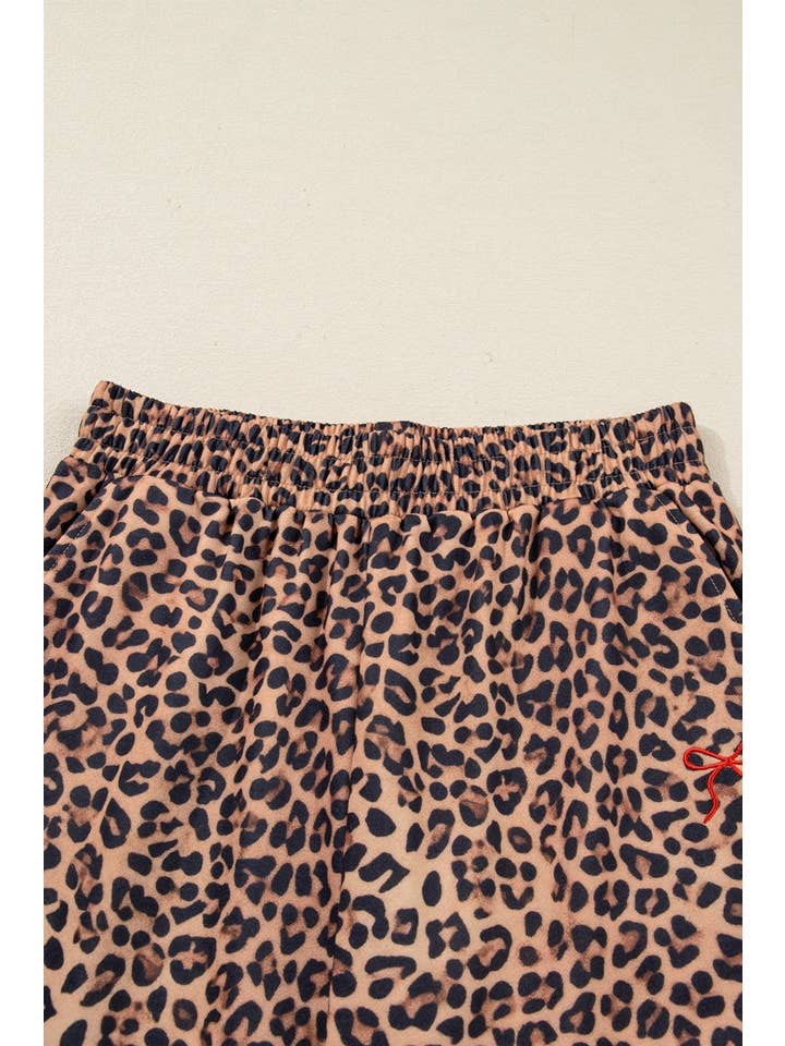 Khaki Leopard Bow Embroidered Pullover and Pants Set for wholesale on Faire8