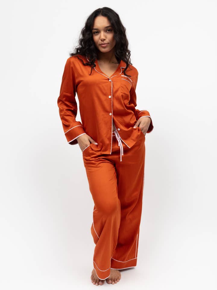 Camden Burnt Orange Long Sleeve Pyjama Set for wholesale by Cyberjammies
