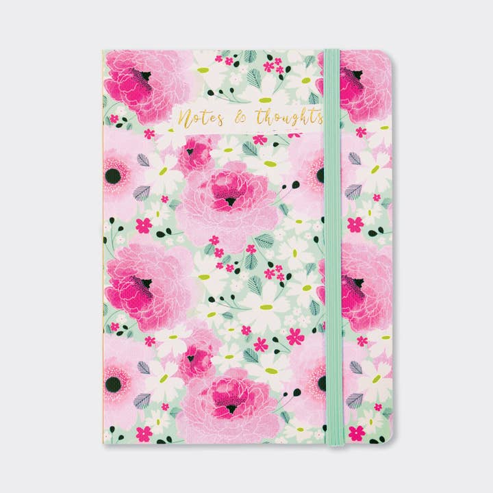 Rachel Ellen Designs - Wholesale Notebook - A6 Perfect Bound Notebook - Pink Floral/Notes & Thoughts0