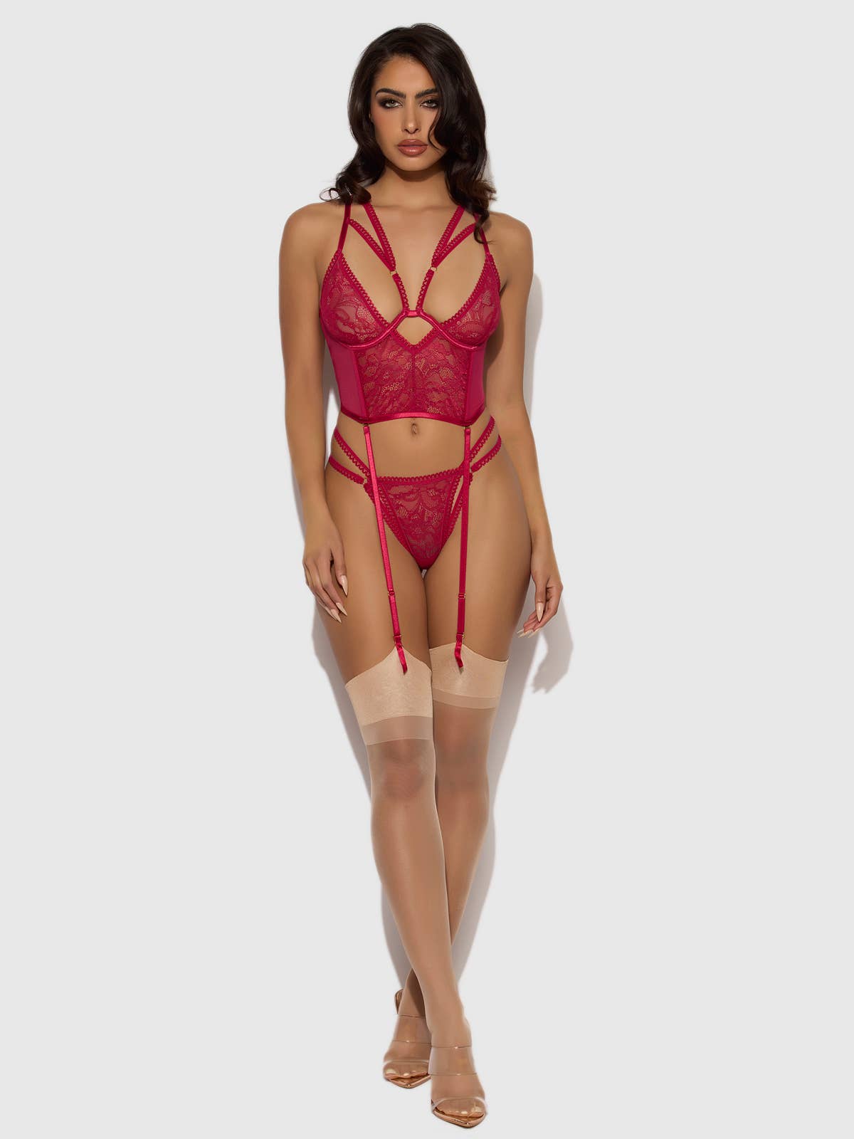 House of Desire - Wholesale Lingerie Set - Women's - BIANCA STRAPPY LACE BUSTIER & THONG SET1