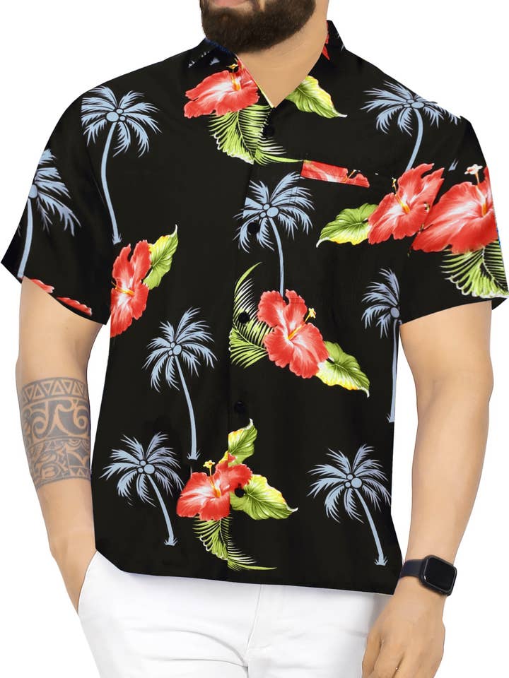 La Leela Chemises de plage tendance pour hommes M, noires, chaussures, fleurs pour la vente par LA LEELA \ HAPPY BAY